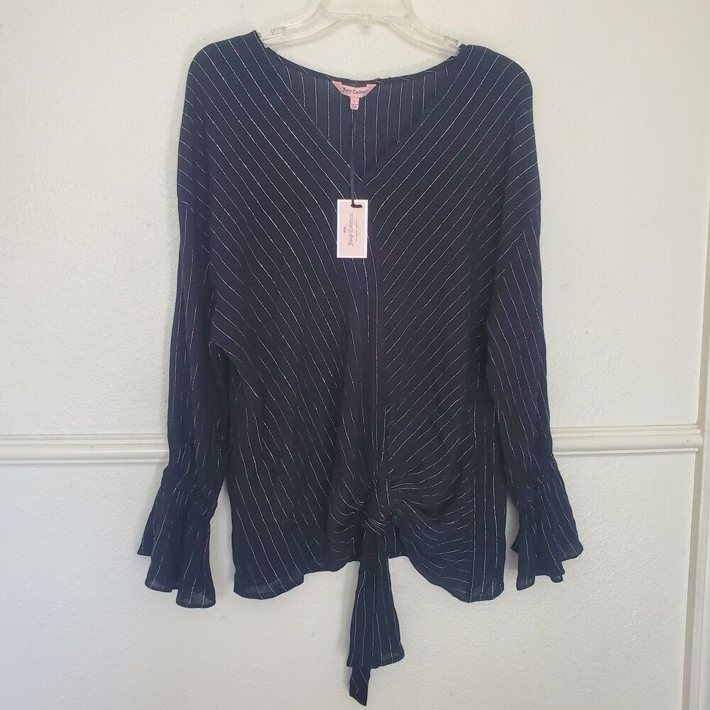 Juicy Couture Women's Black Silver Lurex Crepe Tie Front Surplice Blouse Top L